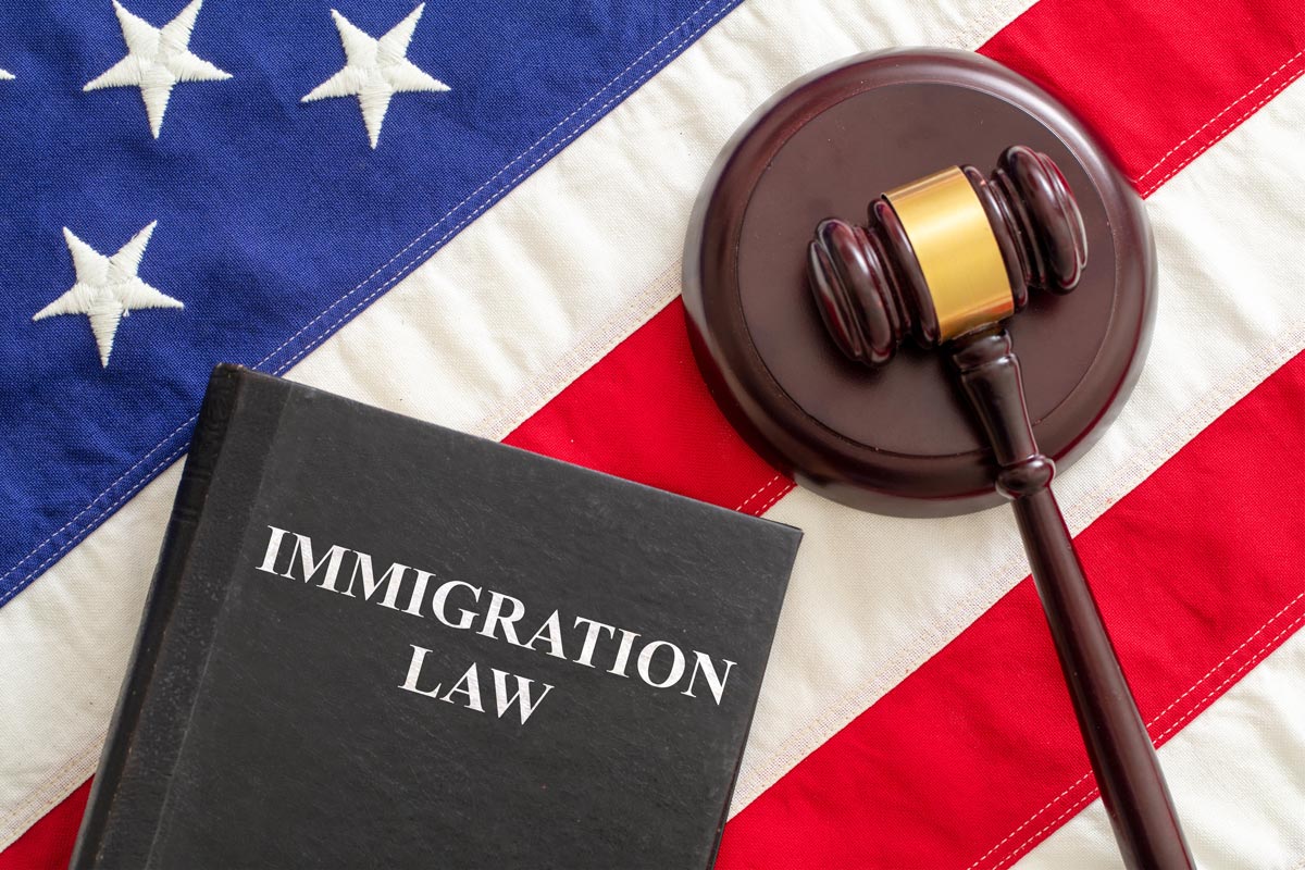 Immigration law book on American flag with gavel