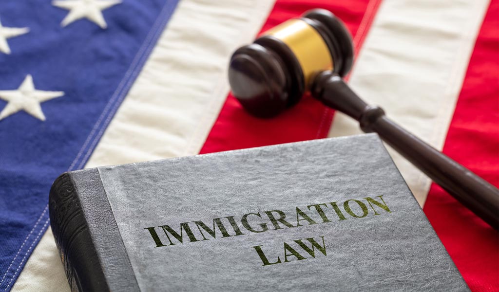 Immigration law text on black book and judge gavel on US of America flag