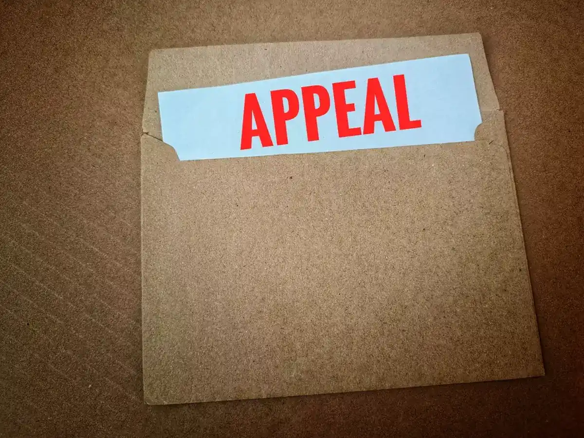 Concept of an appeal document in a brown document envelope.