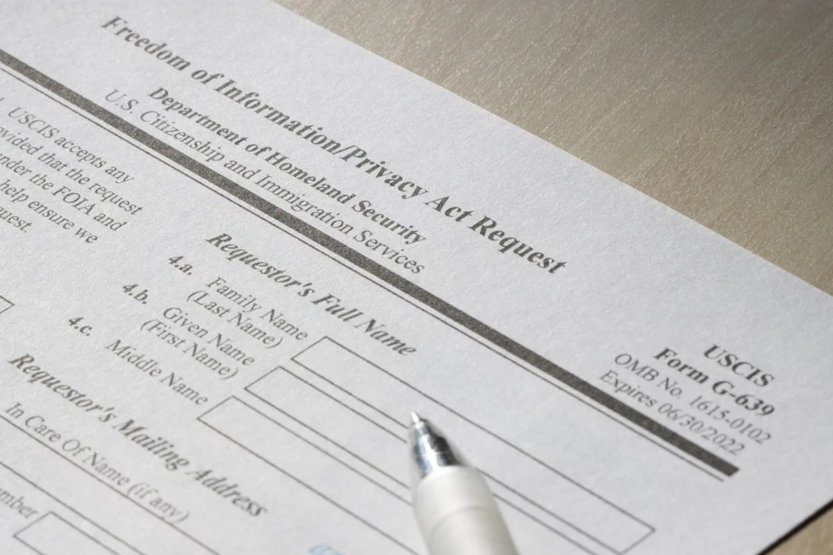 Closeup of Form G-639, Freedom of Information Privacy Act Request.